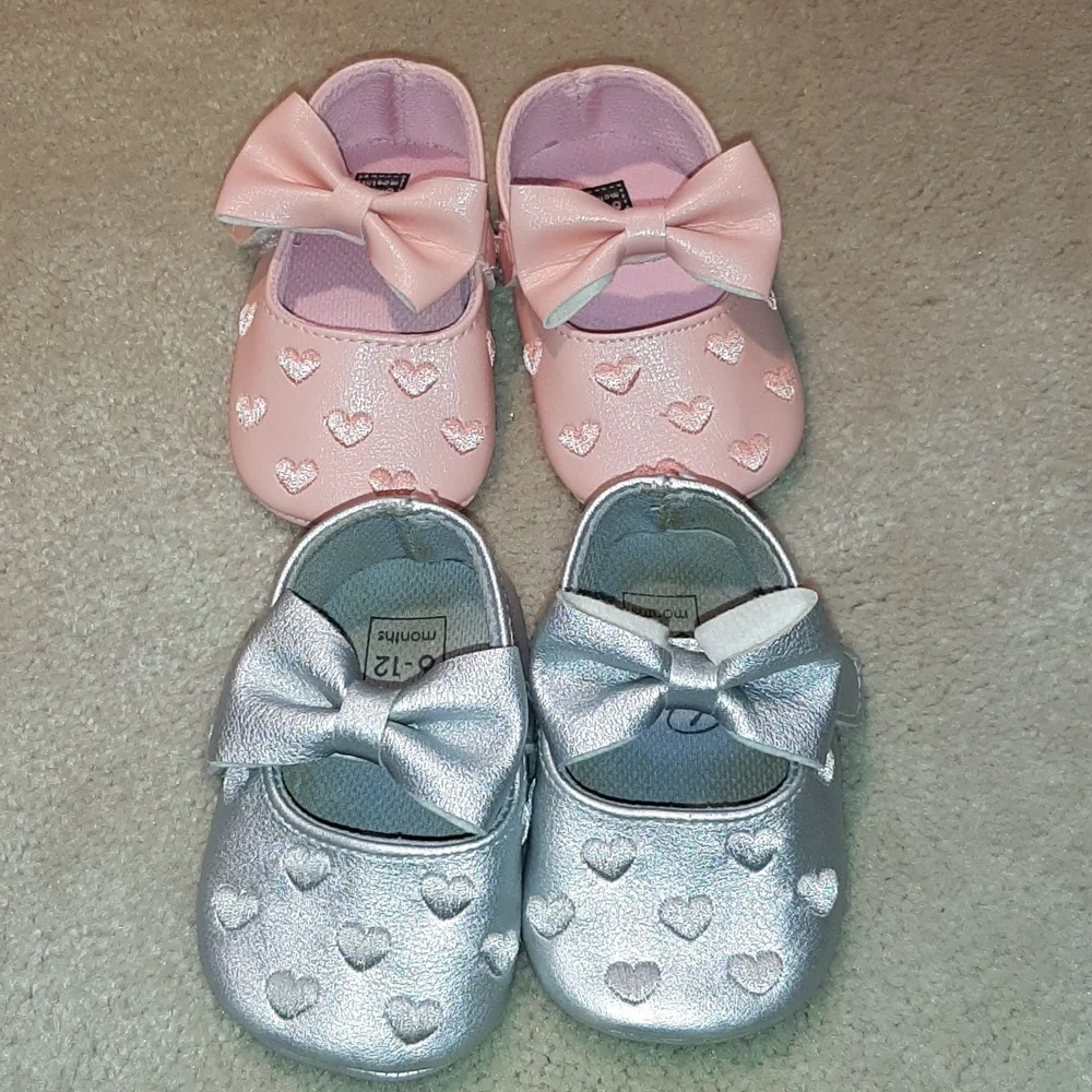 2 pair infant 6-12 months soft sole shoes by Baby in pink and silver